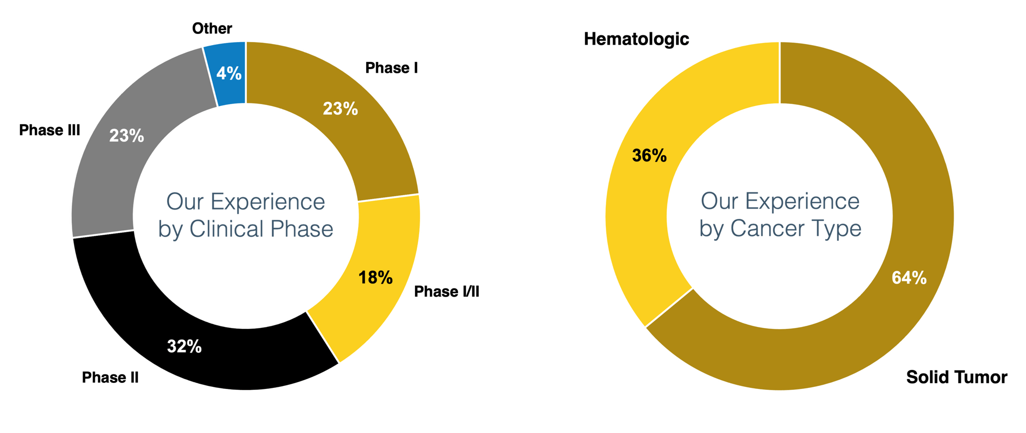 Oncology CRO experience: Clinical Phase – Phase II 32%, Phase I 23%, Phase III 23%, Phase I/II 18%, Other 4%; Cancer Type – Solid Tumor 64%, Hematologic 36%.